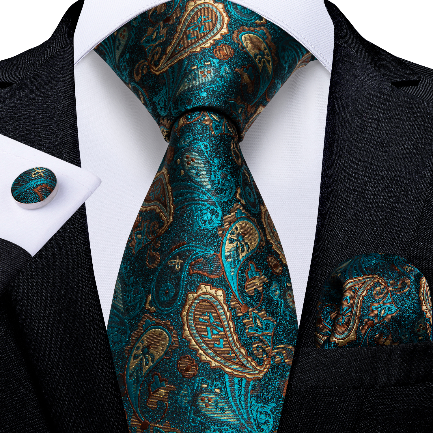 Corbatas de poliéster de 8 cm para hombre, pañuelo de bolsillo, gemelos, verde dorado, paisley, accesorios para bodas y fiestas, regalo de corbata