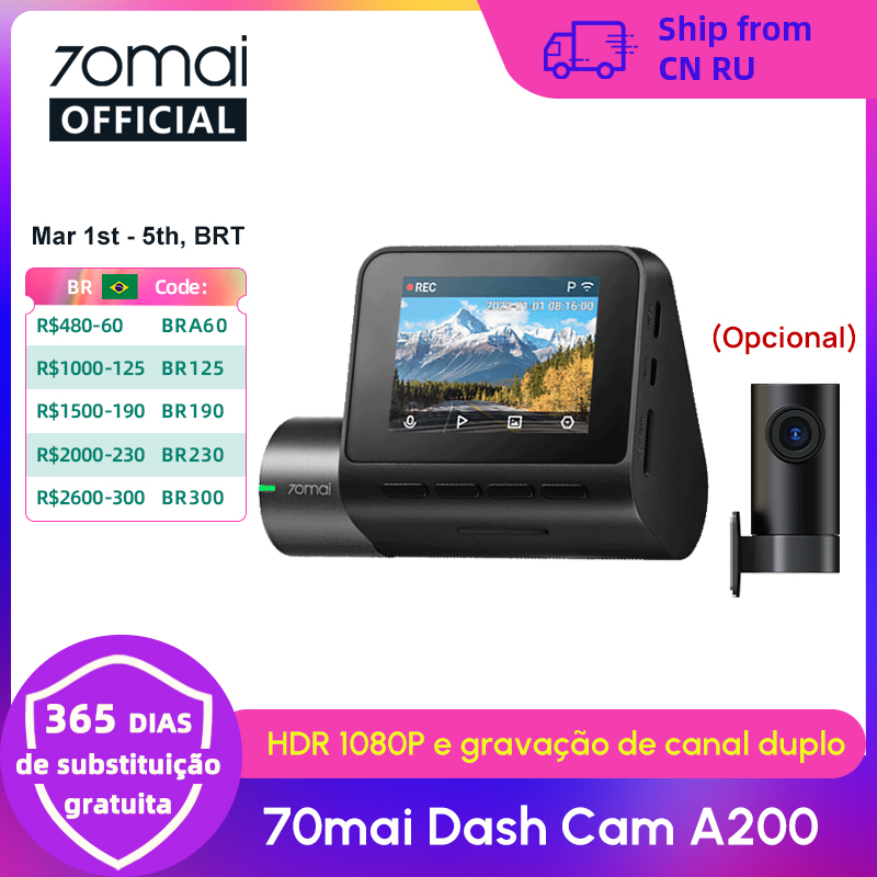 70mai-Car Dash Cam com gravação de canal duplo, A200, 1080P, HDR, tela IPS de 2 ", monitor de estacionamento 24H, DVR, APP WiFi, 130 ° FOV, Global