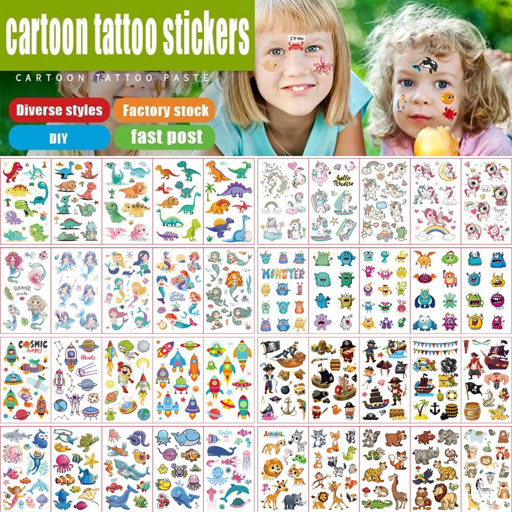 10 unids/set impermeable niños DIY pegatinas de tatuaje falso de dibujos animados lindo unicornio animales coche dinosaurio pez tatuaje temporal pegatinas
