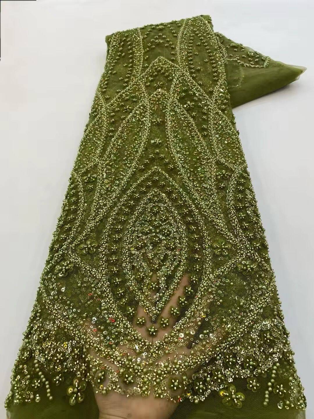 Tela de encaje de lentejuelas verdes, tela africana, vestido de novia de encaje, encaje con cuentas doradas de lujo, secuencia de malla francesa para costura, 2025