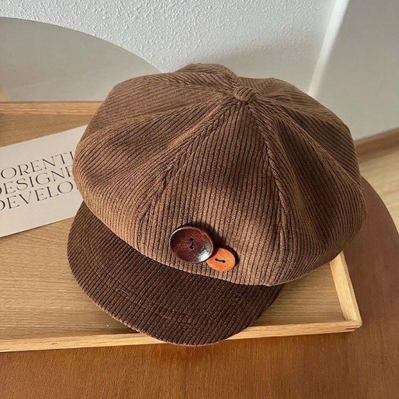 Boina de pana Vintage para mujer, gorra octogonal con botones coreanos, sombreros de artista de pintor para otoño e invierno, gorras con visera marrón japonés