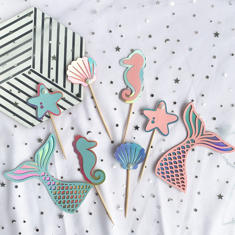 Mermaid Tail Cupcake Toppers Glitter Seahorse ปลาดาว Mermaid Tail เค้กวันเกิดตกแต่งภายใต้ Sea สาววันเกิด Party decor