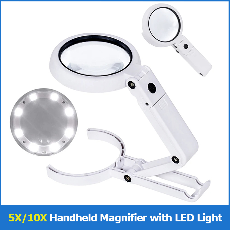 5X/10X Vergrootglas met 8 LED-licht Opvouwbare standaard Bureau Lezen Verlichte vergrootglas voor sieradenbeoordeling Lezen Reparatie