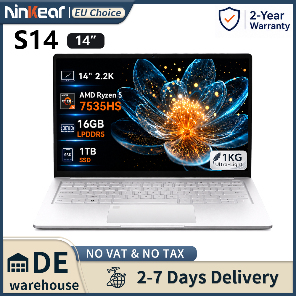 Ninkear 14 Zoll Laptop AMD Ryzen 5 7535HS 16GB LPDDR5 RAM 1TB SSD 2.2K IPS Display 100% sRGB Ultradünn 1KG Notebook PC WiFi 6 Bluetooth 5.3 Fingerabdruck PD65W Schnellladen Metallgehäuse