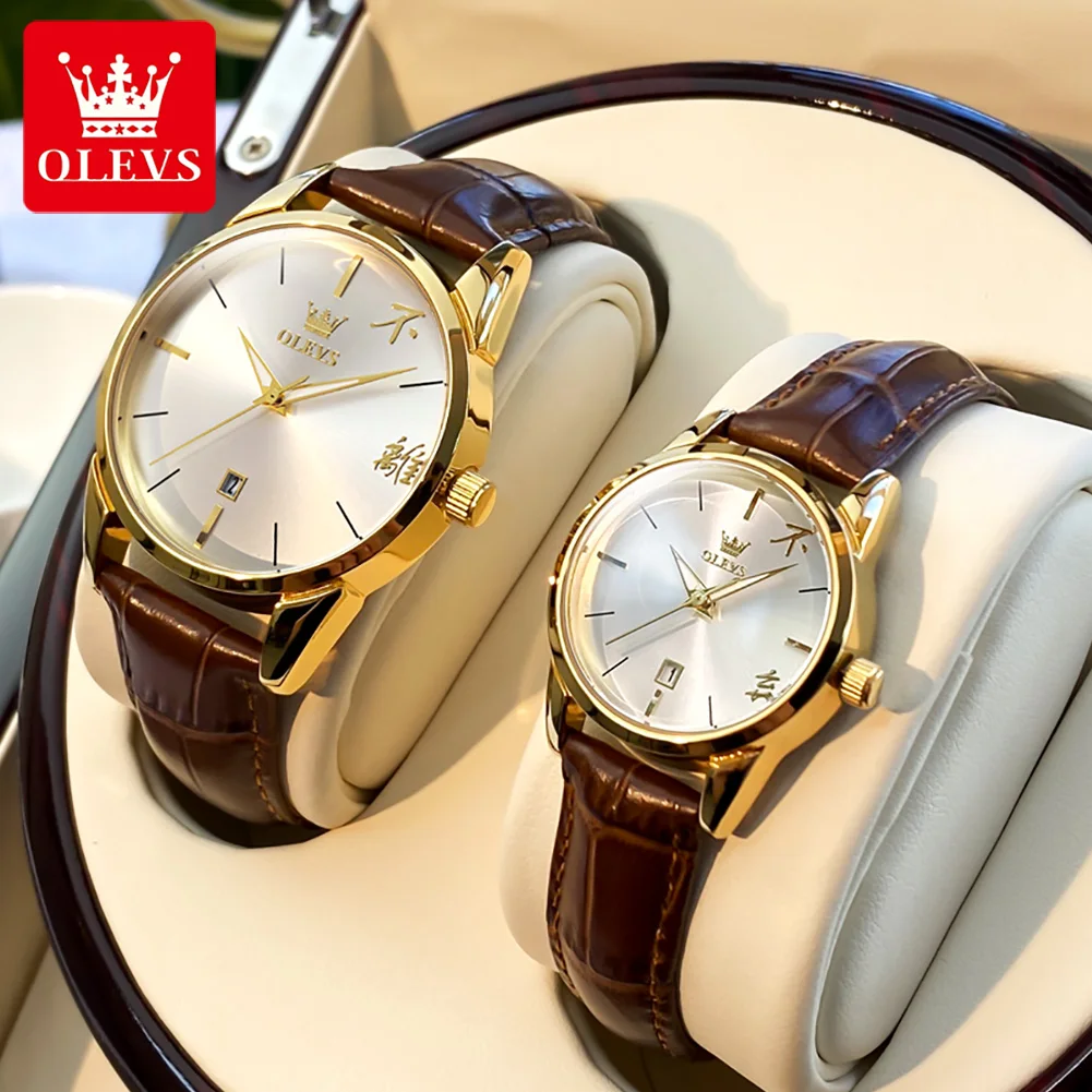 Parejas OLEVS-Relógio de pulso quartzo masculino e feminino, relógios casal, display chinês simples, impermeável, luminoso, fashion, pulseira de couro