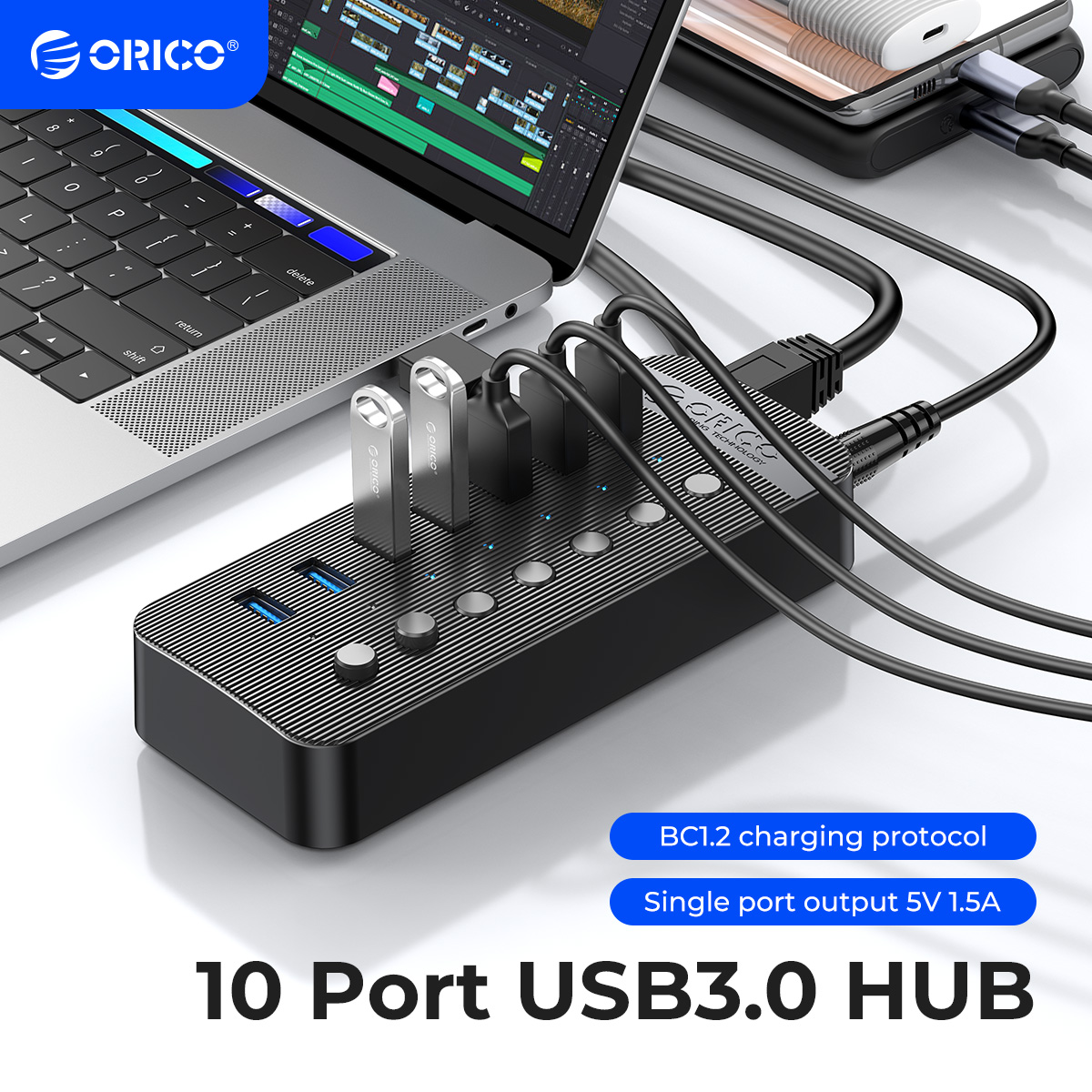 ORICO-HUB USB 3,0 Industrial, 7/10/13/16 ABS, Splitter, interruptor de encendido/apagado con adaptador de corriente de 12V, compatible con cargador para ordenador