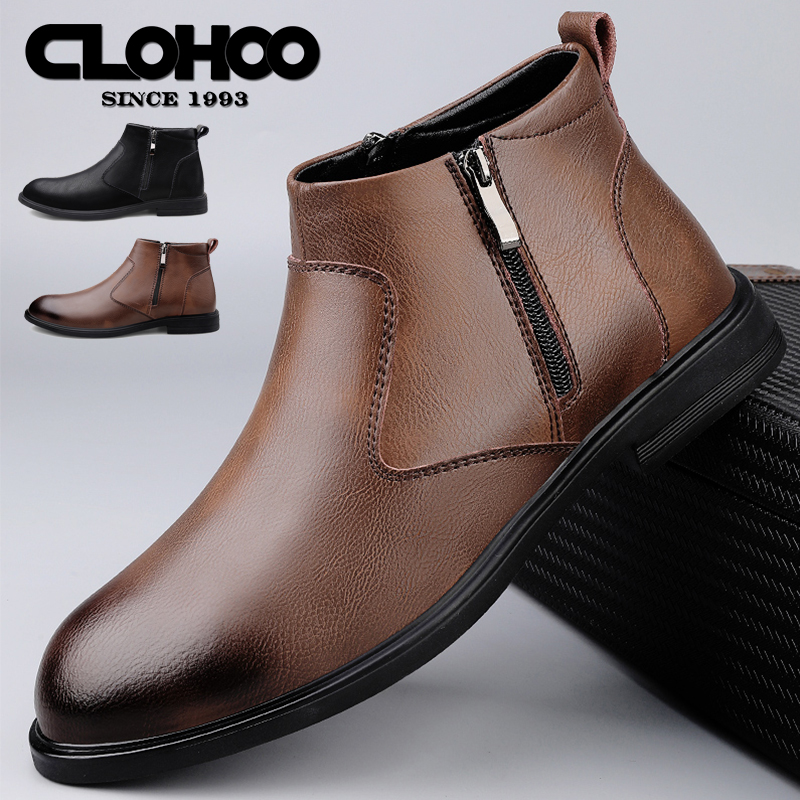 CLOHOO Sepatu Bot Pria Buatan Tangan Sepatu Bot Chelsea High-Top Kulit Sapi Kasual Bisnis Sepatu Pria Ritsleting Sepatu Bot Kulit