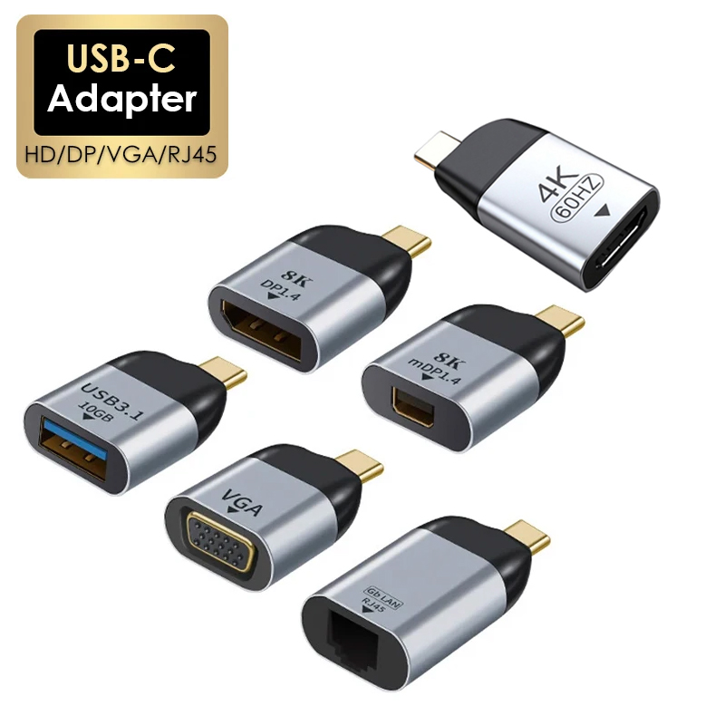Adapter USB C do DP/Mini DP/VGA/RJ45/HDTV, USB Typ C 8K/4K/1080P Video, Konwerter z Ethernetem 1000Mbps dla Macbooka