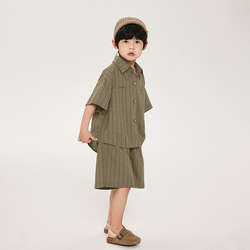 Pakaian Anak-anak Set Anak Laki-laki Kemeja Bergaris Anak-anak Katun dan Rami Baru Musim Panas Celana Pendek Lengan Pendek Set Dua Potong