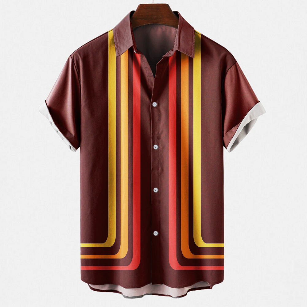 Heren Hawaiiaans strandshirt met korte mouwen, gestreept overhemd, 3D-geprint, los straatplezier, herentop, mode, casual, eenvoudig zakloos overhemd