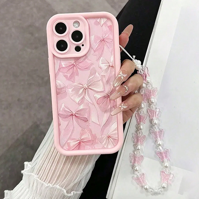 Силиконовый чехол для телефона с розовым бантом для iPhone 16 17 Pro Max 15 14 13 12 11 Pro Max 16E X XS XR 7 8 Plus Butterfly Charm Cover