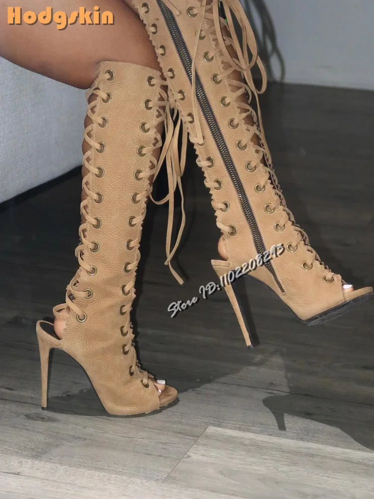 Retro-Kreuzriemen, kniehohe Stiefel, sexy offene Zehen, Riemchen-Stilettos, Sandalen, seitlicher Reißverschluss, moderne High Heels-Schuhe, 2025, Sommer-Damen