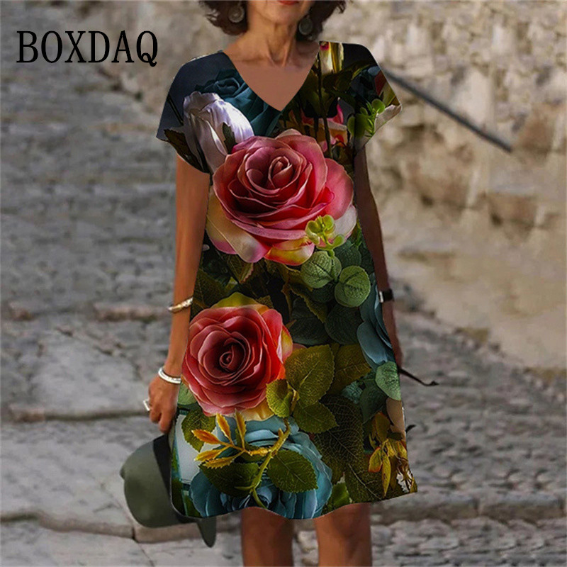 ใหม่Rose FloralGreenใบดอกไม้ 3Dพิมพ์ชุดสตรี 2023 ขนาดใหญ่ฤดูร้อนวินเทจแขนสั้นVคอA-Line Dresses