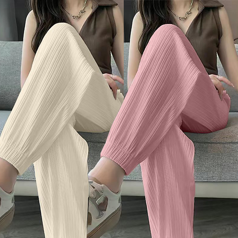 Fino casual perna larga harem tornozelo comprimento calças sólida cintura elástica feminina novo em roupas doce streetweat verão calças compridas ol