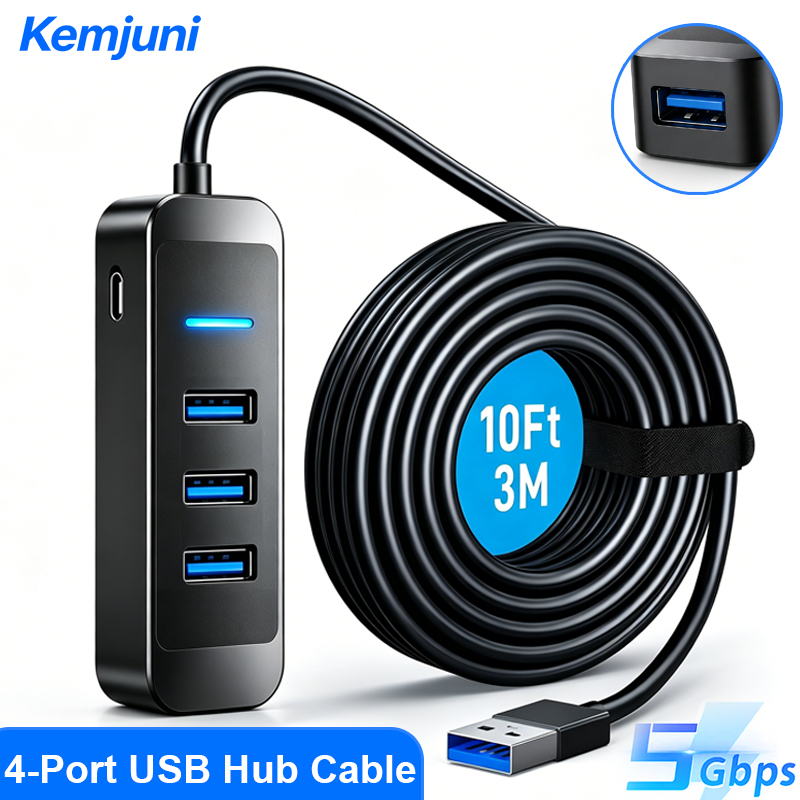 ยูเอสบี 3.0 ฮับ 4 พอร์ตสายต่อ USB สำหรับการส่งข้อมูล 5GBPS สายยาว 10 ฟุตสำหรับคอมพิวเตอร์เดสก์ท็อป, แล็ปท็อป, Mac, วินโดวส์
