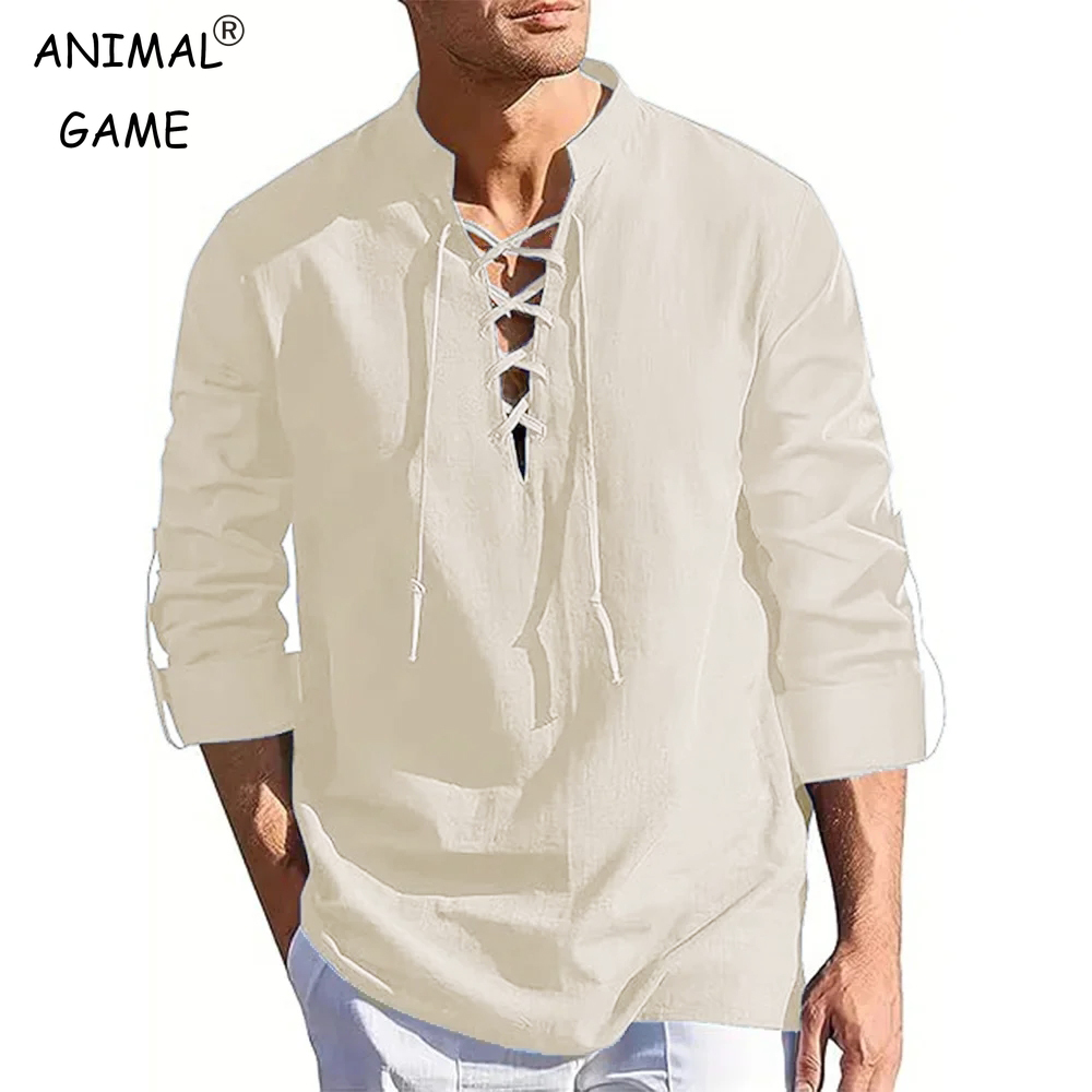 Camicia rinascimentale da uomo Pirata medievale vichingo Top a maniche lunghe Costume di Halloween T-shirt traspiranti Festa quotidiana Streetwear