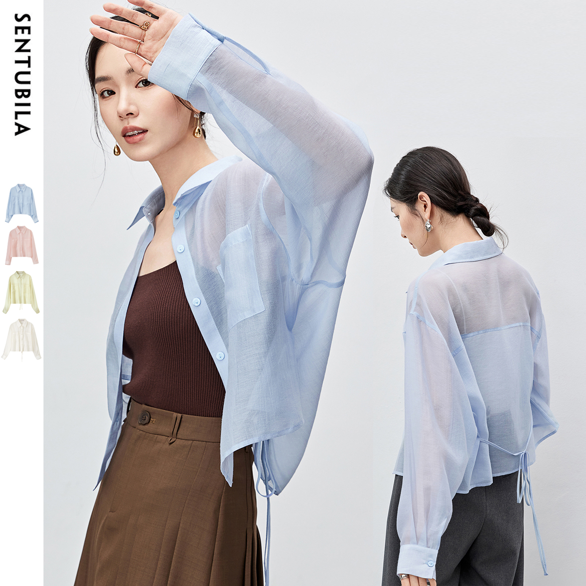 SENTUBILA Damen Lyocell Durchsichtiges Hemd 2026 Sommer Damen Langarm Crop Tops Lässige Schnürhemden & Blusen 142C54323