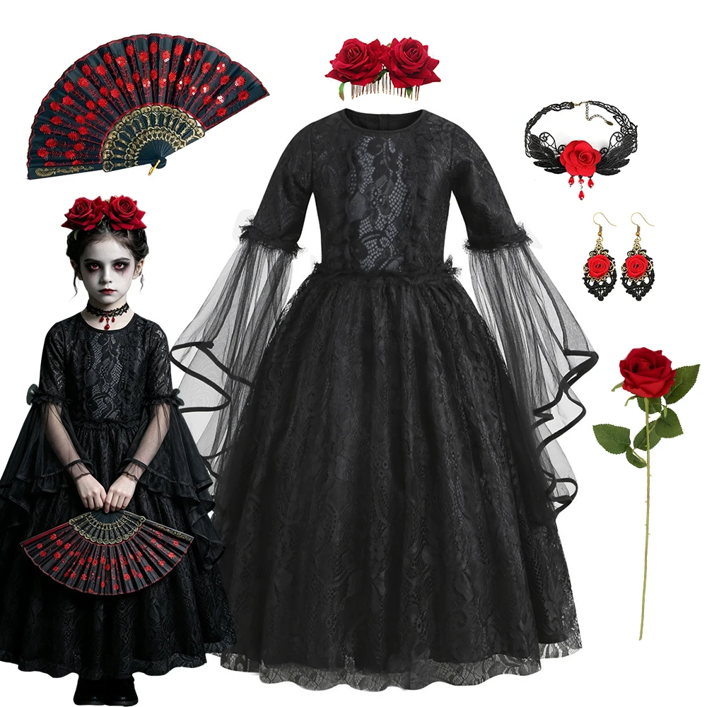 Meisjes Gotisch Vampier Halloween Kostuum Zwarte Kant Lange Jurk Rozen Haarsieraden Waaierset Kinderen Donkere Koningin Carnaval Cosplay Outfit