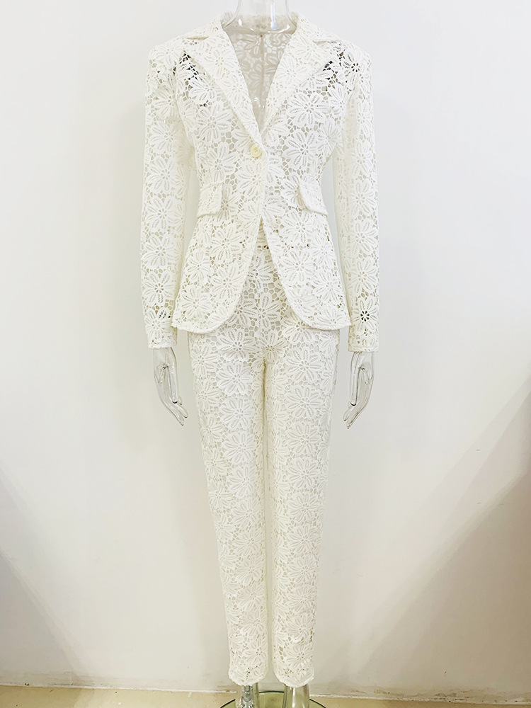 HIGH STREET Nieuwste 2026 Designer Runway Pak Set Dames Enkelknoops Guipure Kant Blazer Potloodbroek Pak 2-delig