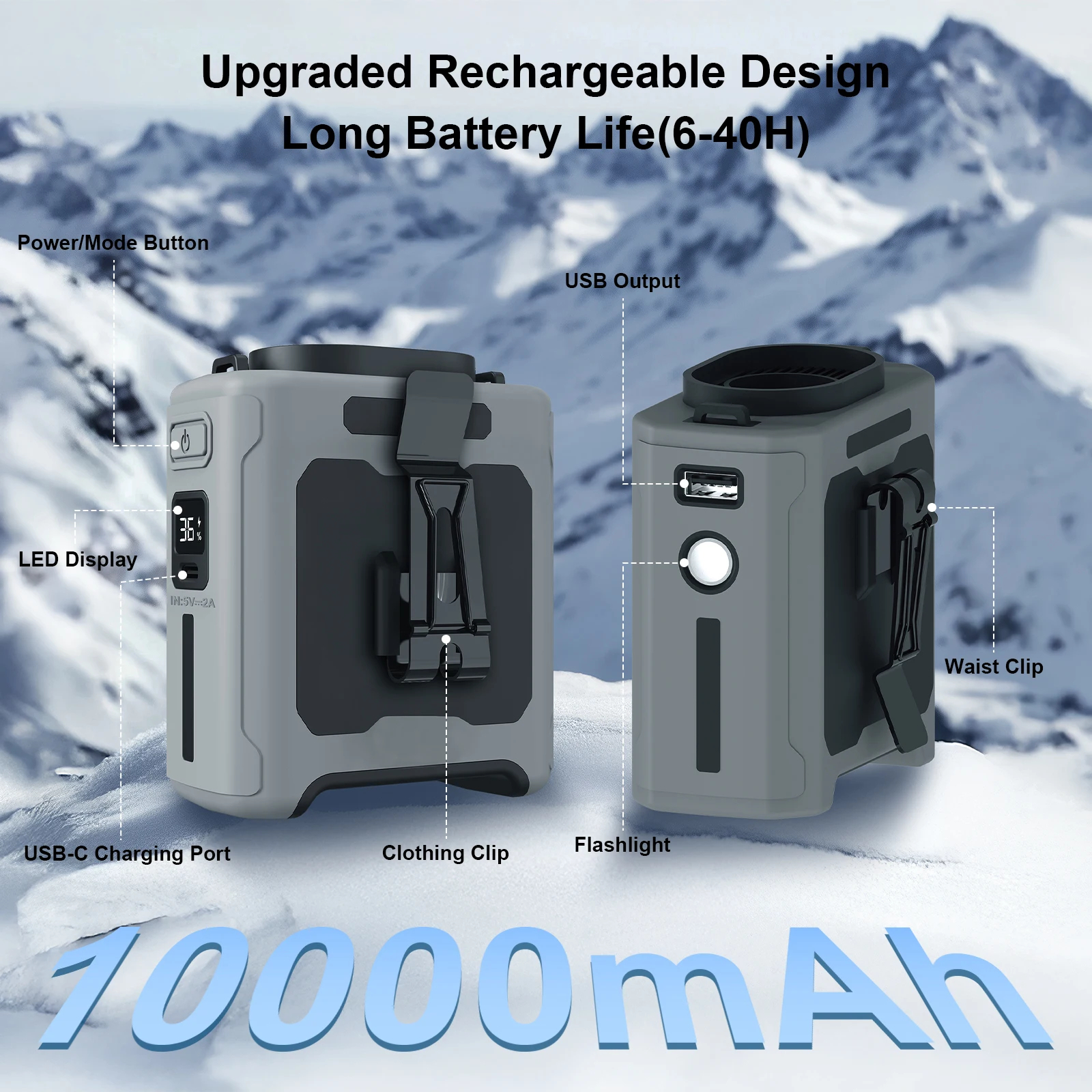 Ventilador con Clip para la cintura, Mini ventilador portátil para colgar en el cuello, ventilador recargable por USB, pequeño ventilador de cintura para deportes de acampada al aire libre con banco de energía LED Li