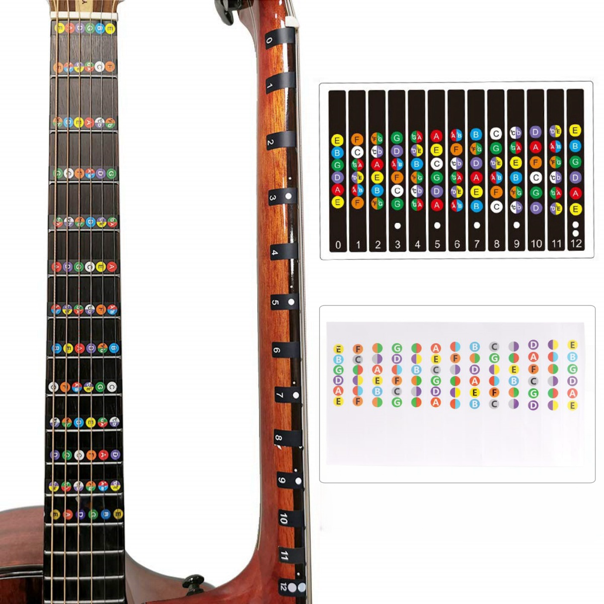 Miwayer guitarra fretboard notas mapa etiquetas adesivos 6 cordas transparente e preto fingerboard fret decalques para guitarra iniciante