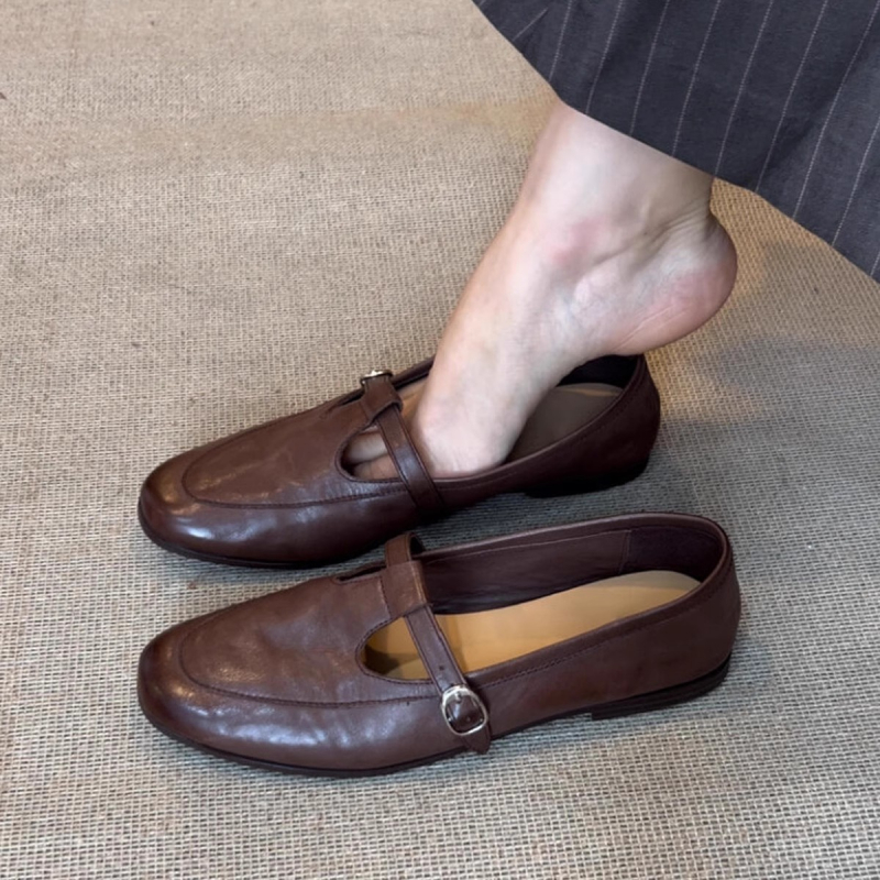 Sepatu Mary Jane Vintage Wanita Musim Semi/Gugur 2025 - Sepatu Flat Berujung Persegi, Potongan Rendah, Kulit Lembut, Gaya Kasual Inggris