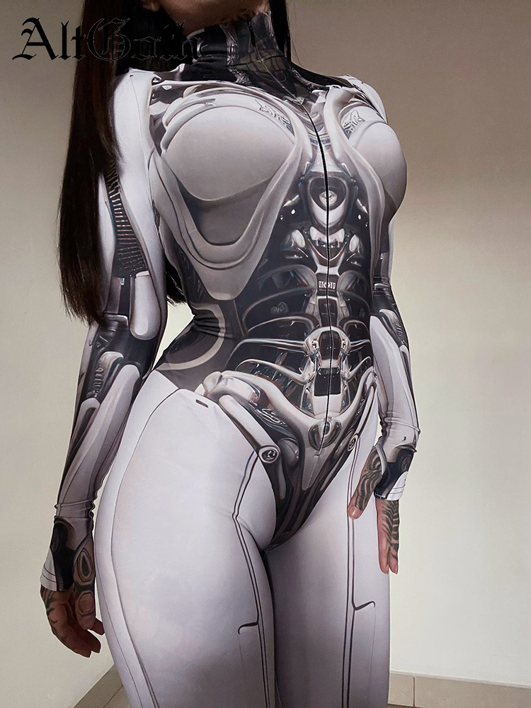 AltGoth Cyberpunk mono ajustado para mujer, ropa de calle Y2k, centro comercial, mono gótico con estampado 3D, monos de manga larga, ropa de Anime Emo