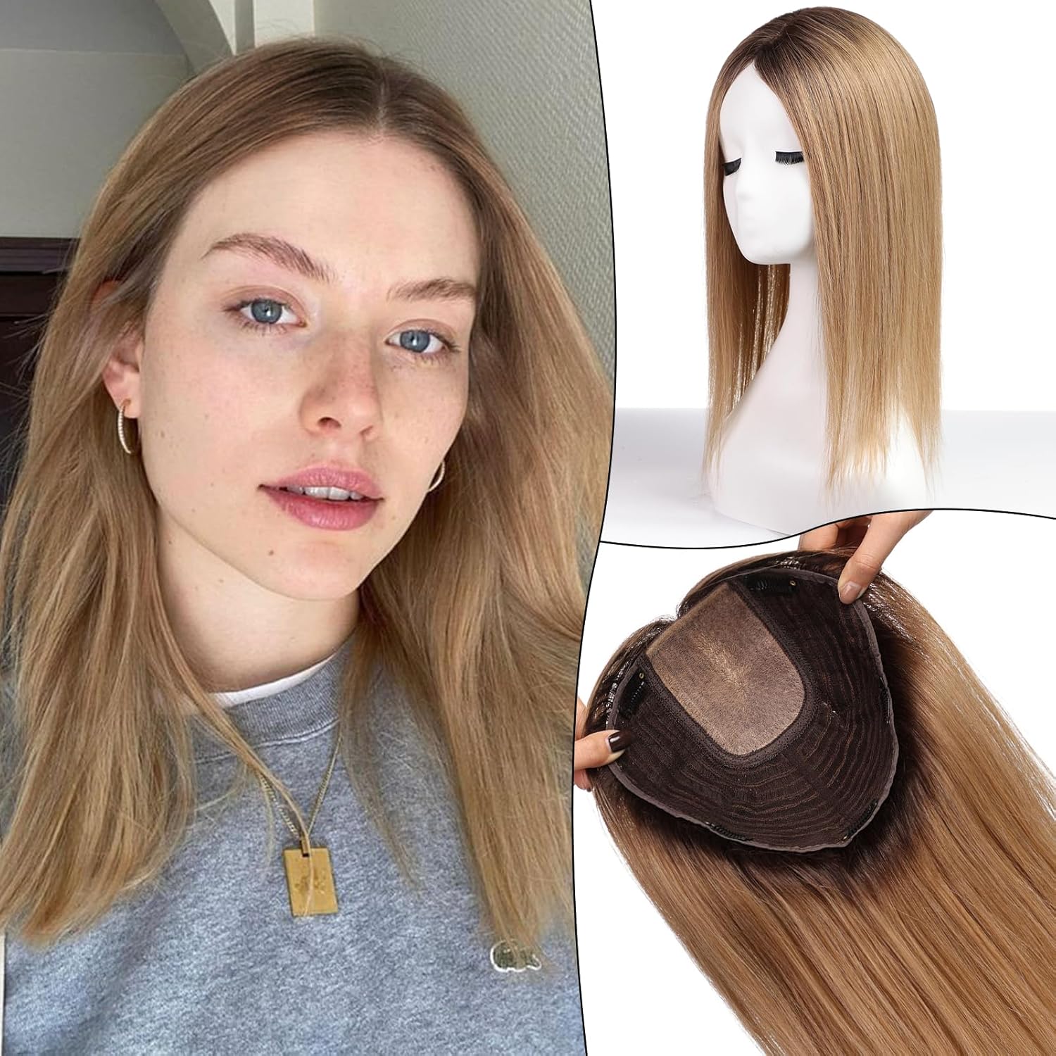 16 インチ ヘアトッパー 女性用 9x9 インチ ラージベース ヘアピース アッシュブラウン オンブル人毛トッパー 複数の滑り止めクリップ付き