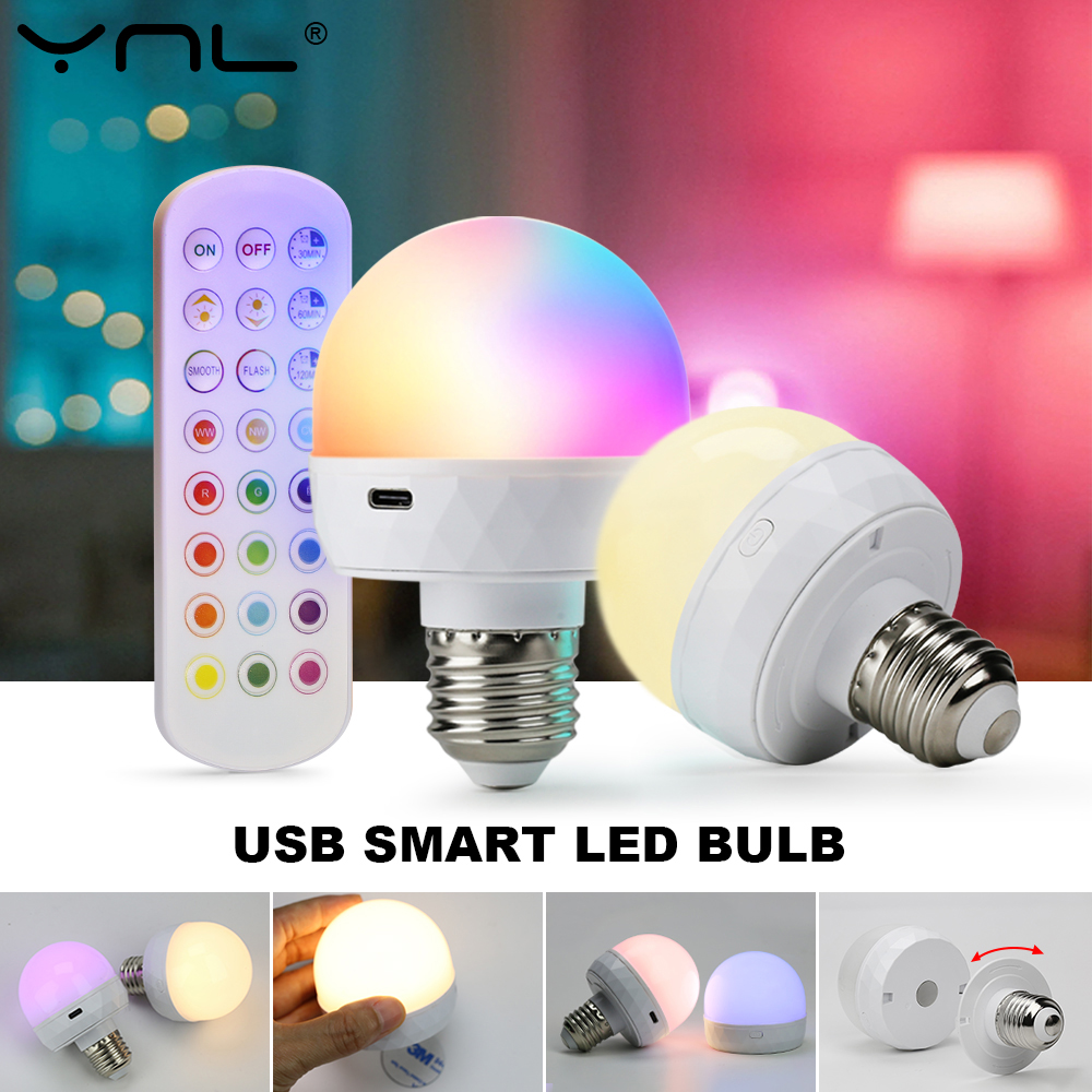 Bombilla LED RGB con carga USB de 5V, Control remoto inteligente regulable para dormitorio, mesita de noche, sala de estar, Bar, accesorios de iluminación LED
