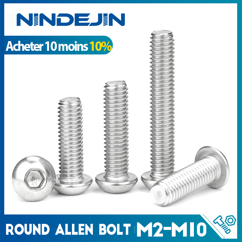 NINDEJIN-Vis à tête ronde hexagonale en acier inoxydable, M2, M2.5, M3, M5, M6, M8, M10, boulons Allen, ISO7380