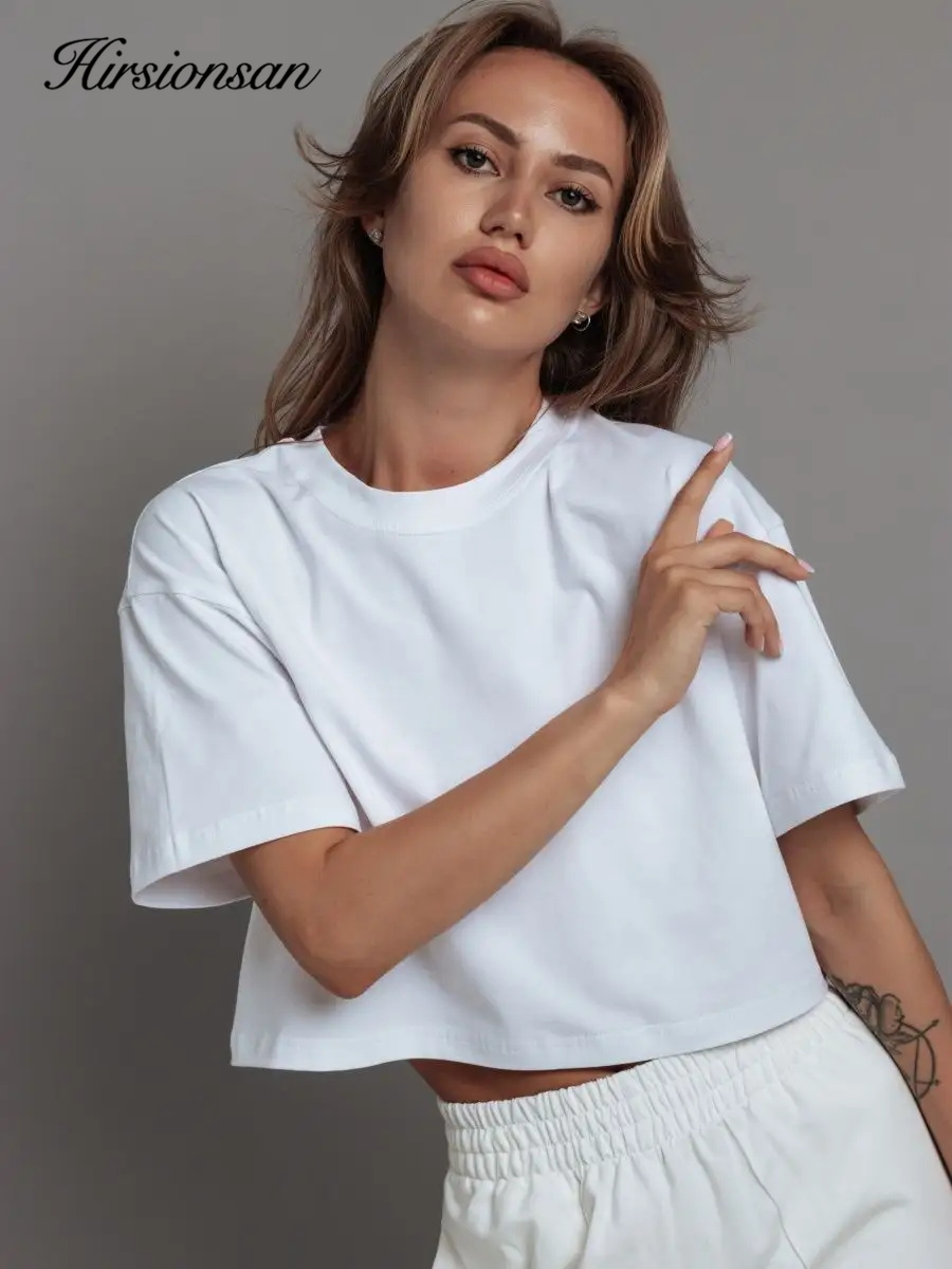 Hirsionsan 100% Cottonสั้นTเสื้อผู้หญิง 2024 ใหม่Y2kฤดูร้อนBasic Vintage Tees CasualหลวมChic OคอหญิงCrop Tops