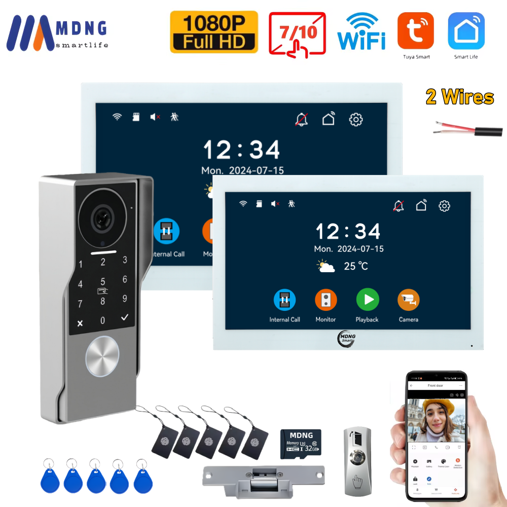 วิดีโออินเตอร์คอมแบบ 2 สาย HD 1080P ระบบ Tuya Wifi กล้องออดประตูบ้านอัจฉริยะ หน้าจอสัมผัสสี 7 นิ้ว ปลดล็อคประตูด้วยรหัสผ่าน
