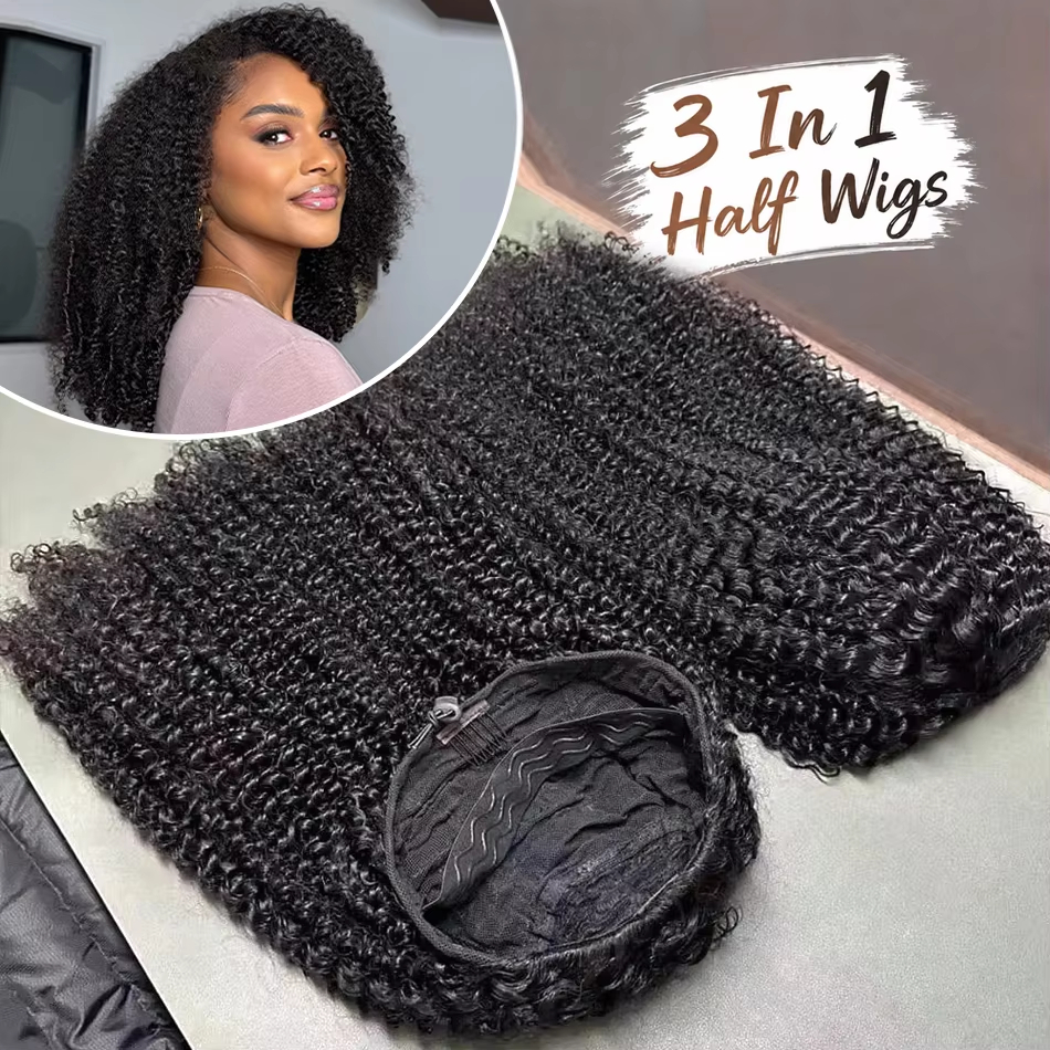 Perruque bandeau en cheveux humains bouclés birmans de 28 pouces, 3-en-1 multifonctionnelle, sans colle, demi-perruque avec cordon de serrage, sans couture, à clipser, pour coiffure quotidienne