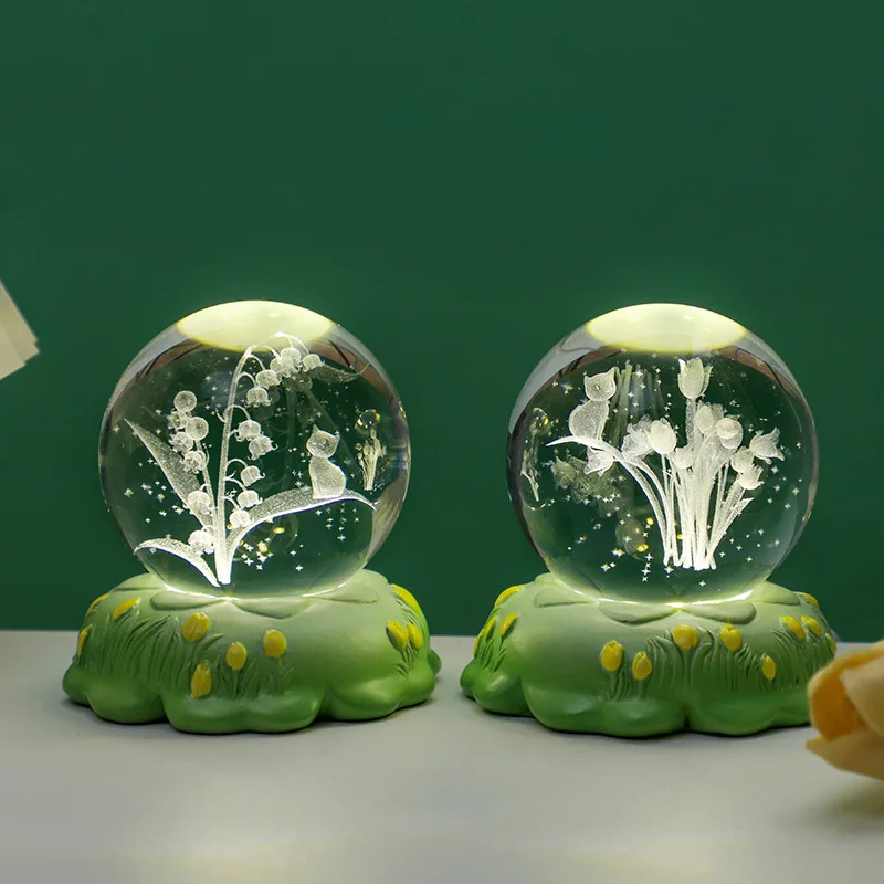 Kreative Tulpe Nachtlicht Schlafzimmer 3D Kristallkugel leuchtende Desktop-Dekoration Geburtstagsgeschenk