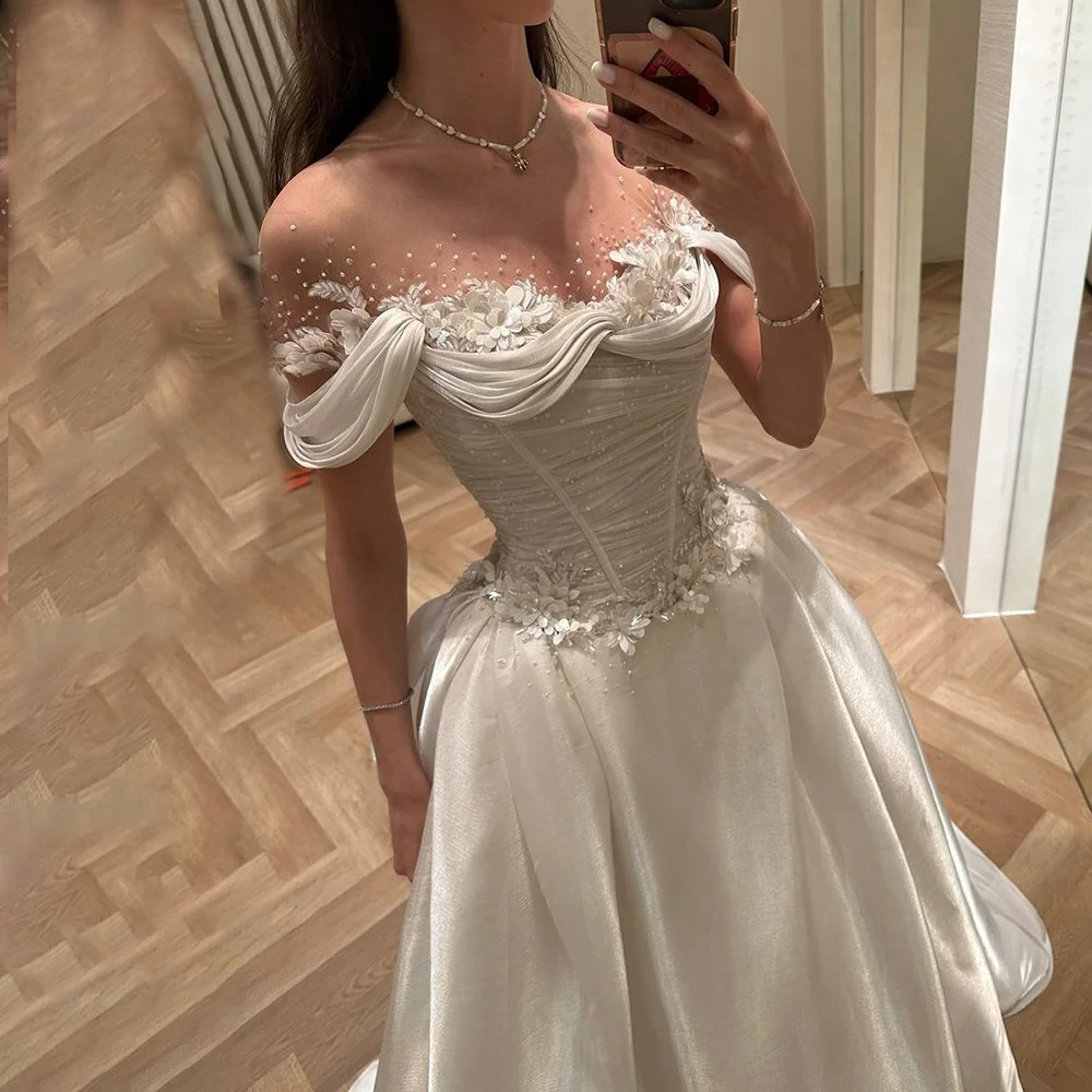 Vestidos de novia brillantes con flores 3D personalizados, apliques con hombros descubiertos, vestidos de novia de encaje, pliegues de princesa, vestido de fiesta de graduación en la playa para mujer