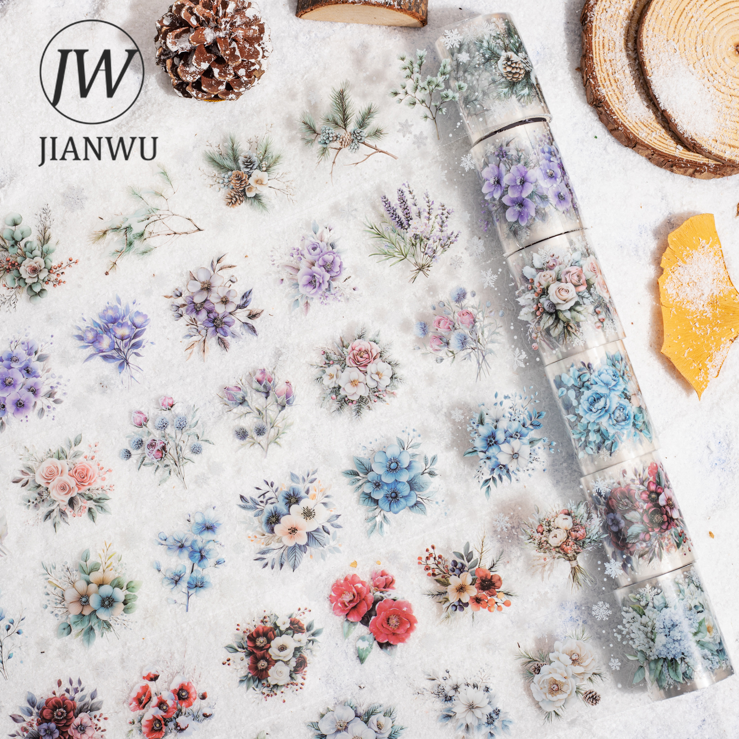 JIANWU 50mm*200cm Winter Flower Field Series Vintage Snowflake Landscape Material Collage PET Tape Creative Journal Stationery