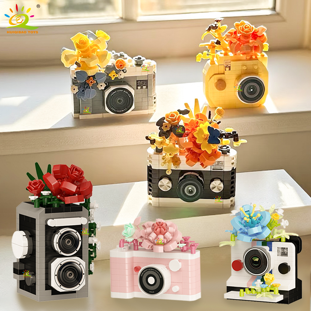 HUIQIBAO MOC Leuke Camera met bloemmodel Micro Bouwsteen Mini Diamant Model Baksteen Speelgoed voor Kinderen Bureau Decoratie