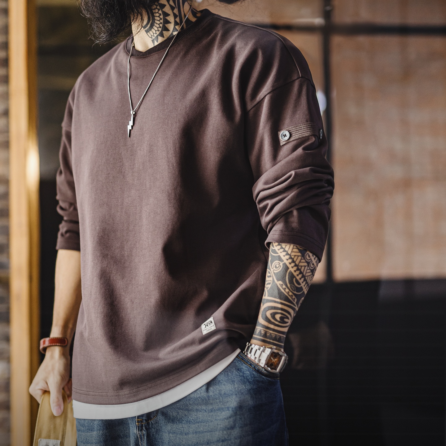 Camiseta Maden con cuello en V para hombre, jersey de manga larga, color liso, informal, capa base básica para primavera y otoño, Top suave y transpirable