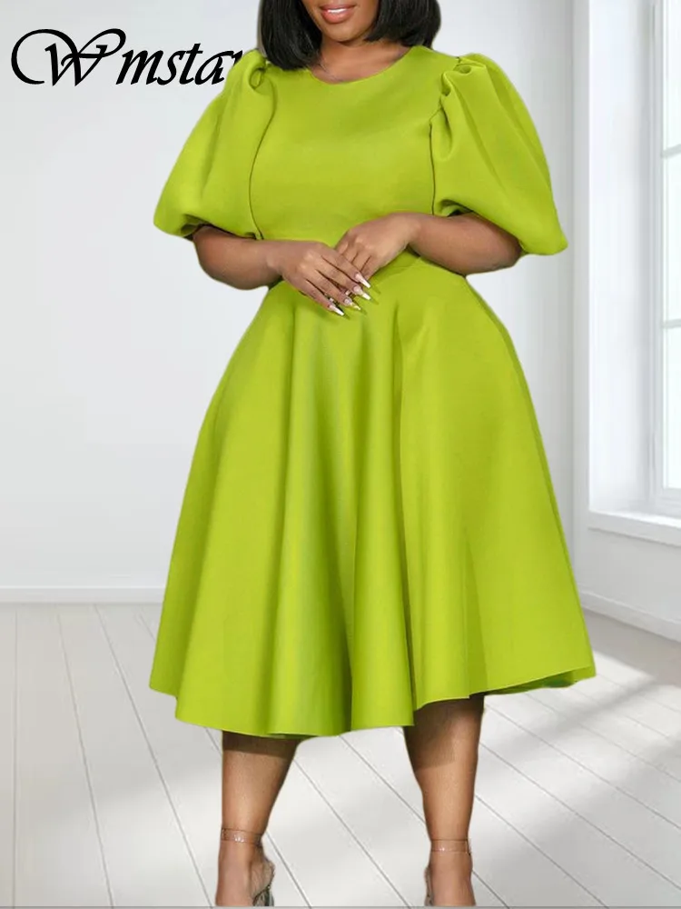 Wmstar-vestidos de fiesta para mujer, ropa Sexy de manga abullonada, Maxi vestido liso con dobladillo grande, trajes de Club, novedad en verano, venta al por mayor, S-3XL