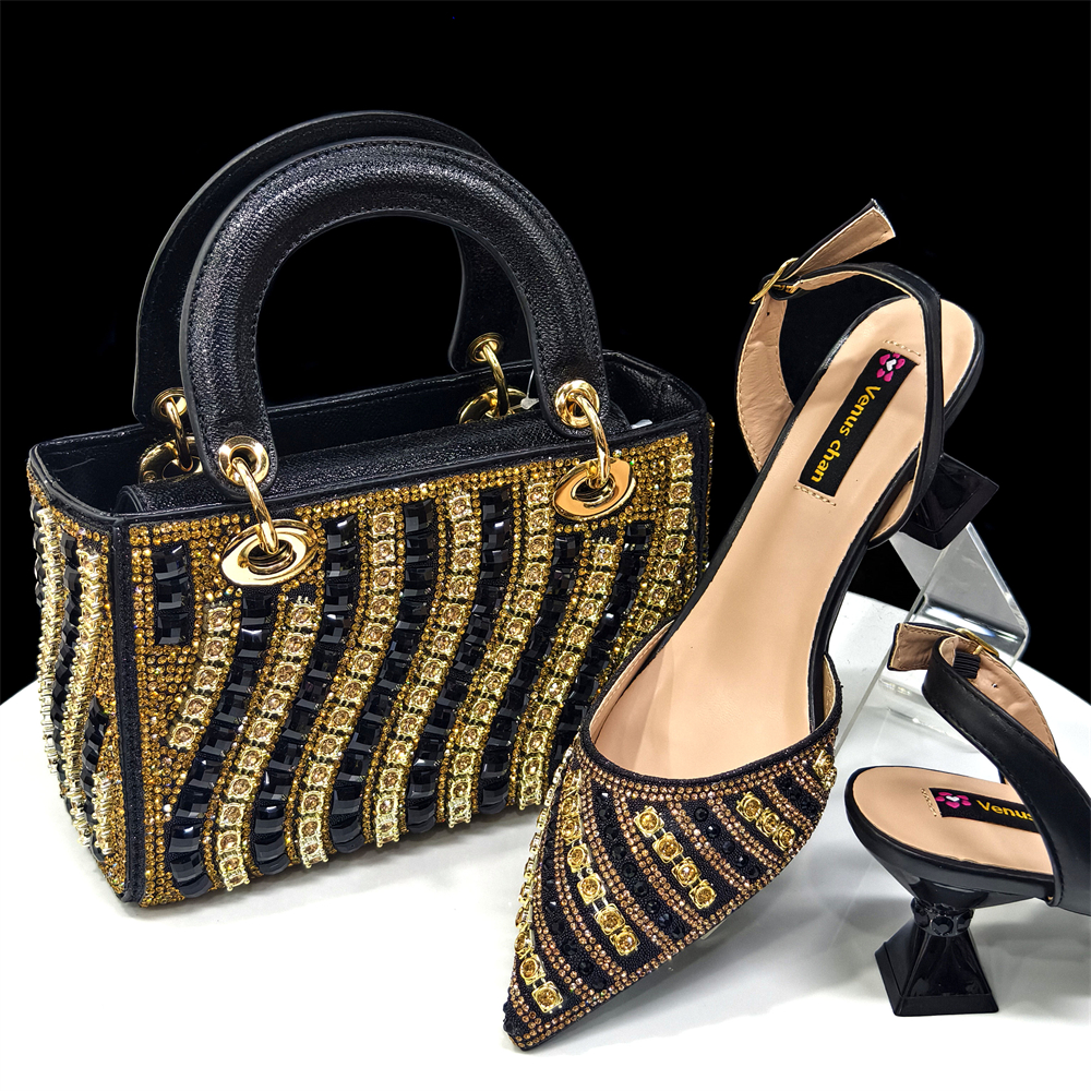 Venus Chan Italienisches Design mit Strasssteinen besetzte Damen-Party-Damenschuhe und Tasche Nigeria Gold Mini-Tasche Damen High Heels