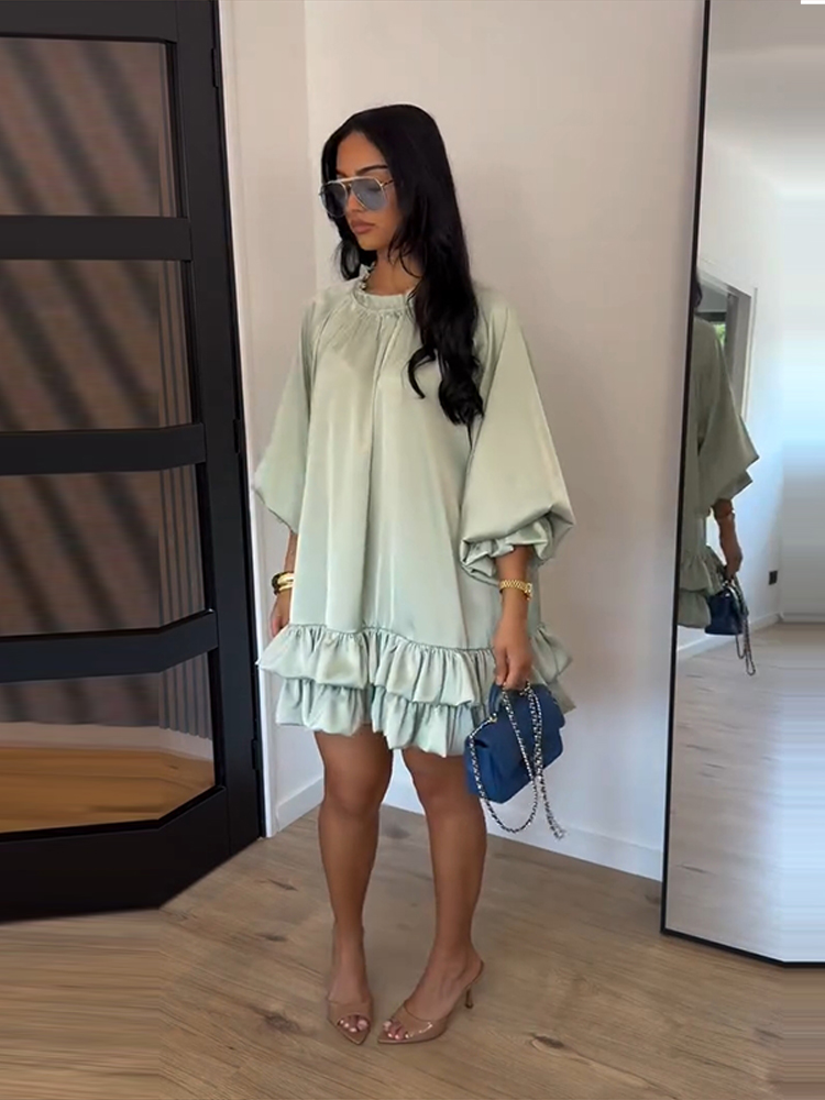 Vestido Mini Rodado Elegante Feminino com Manga Bufante Longa e Gola O, Vestido Curto Solto Liso para o Verão 2026 - Nova Coleção Moda Feminina