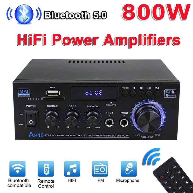 AK45เครื่องขยายเสียงดิจิตอล800W ในบ้านเครื่องขยายเสียงพลังเสียงเบสบลูทูธตู้ลำโพงซับวูฟเฟอร์เพลง HIFI FM อินพุต USB SD
