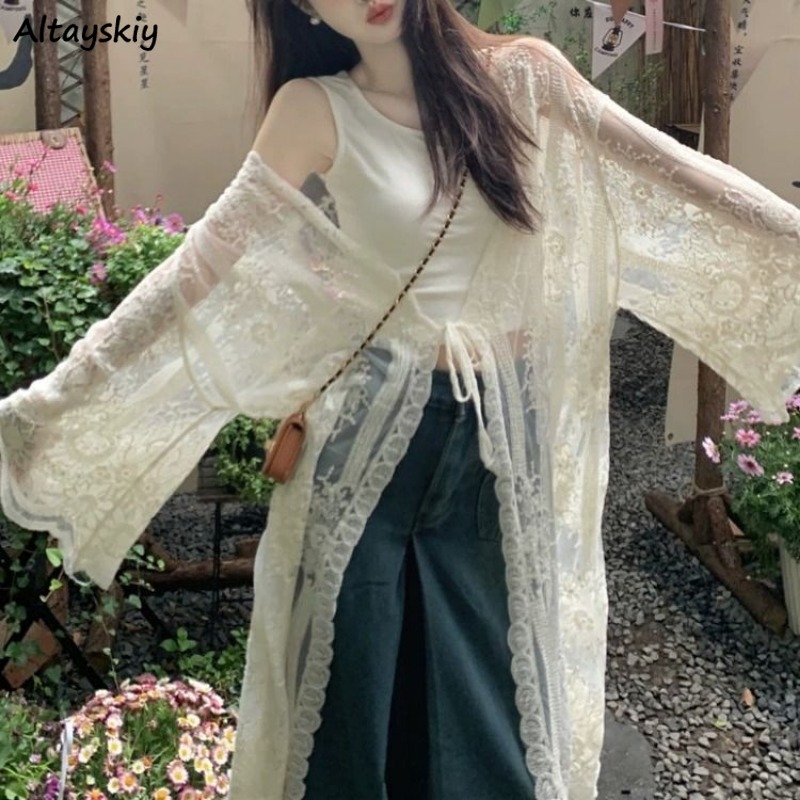 Lace Long Jackets Women Summer See-through Lace-up Korean Fashion Holiday Fairycore Sun-proof Breathable Temperament Stylish