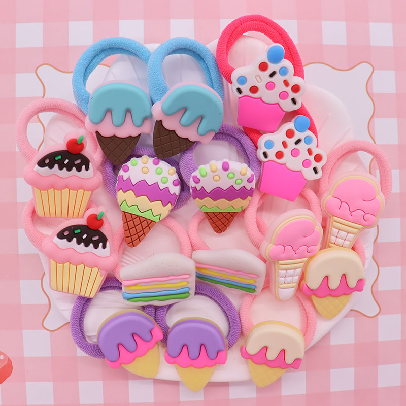 Accessoires pour cheveux en forme de crème glacée, gâteau sucré, bandeau en Nylon coloré, support queue de cheval pour enfants, chouchou, ornements, cadeau, 2 pièces/ensemble