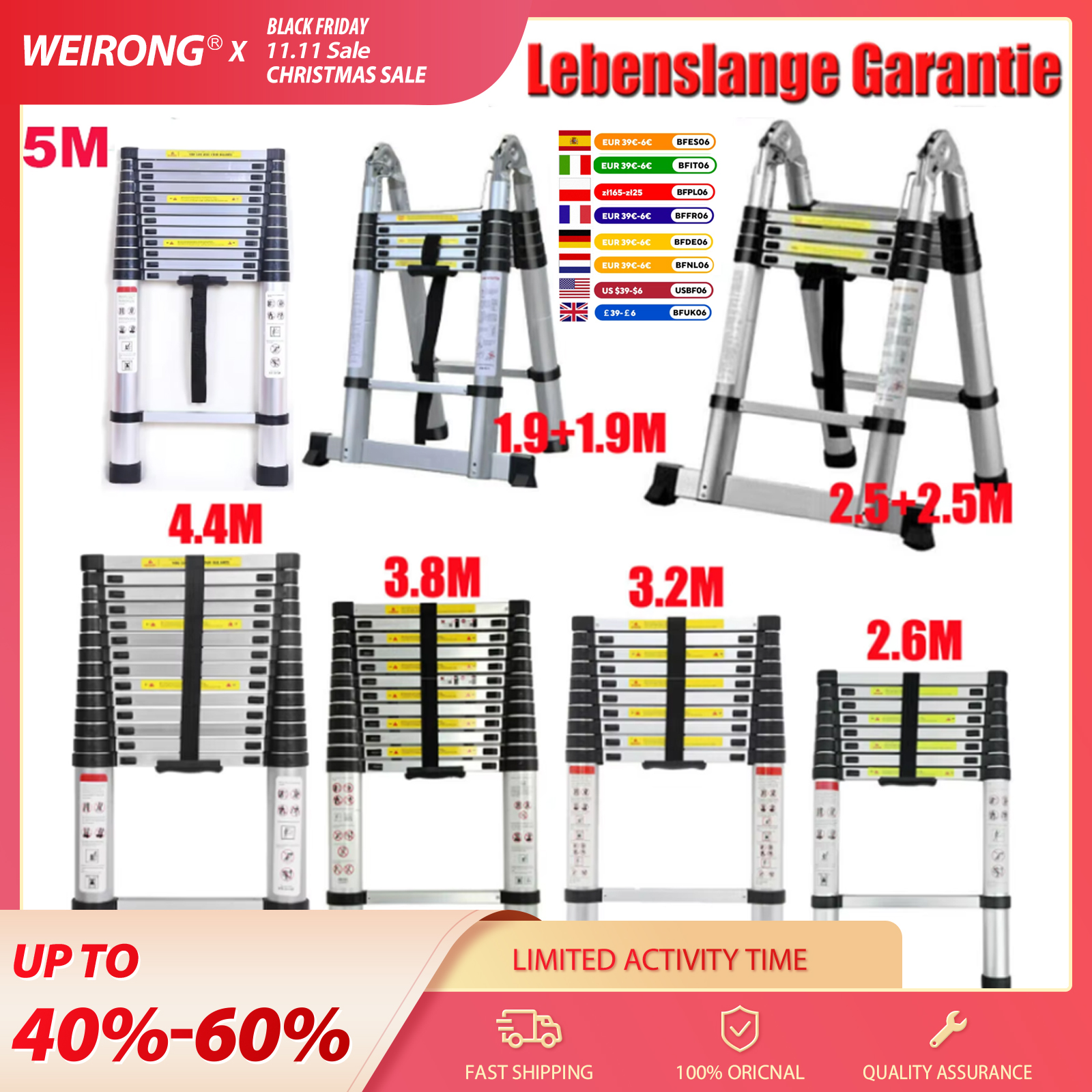 DayPlus telescopische aluminium 2,6 m-5 m opvouwbare trapladder, multifunctioneel, antislip, uitschuifbaar, strikken, lichtgewicht, 150 kg laadvermogen