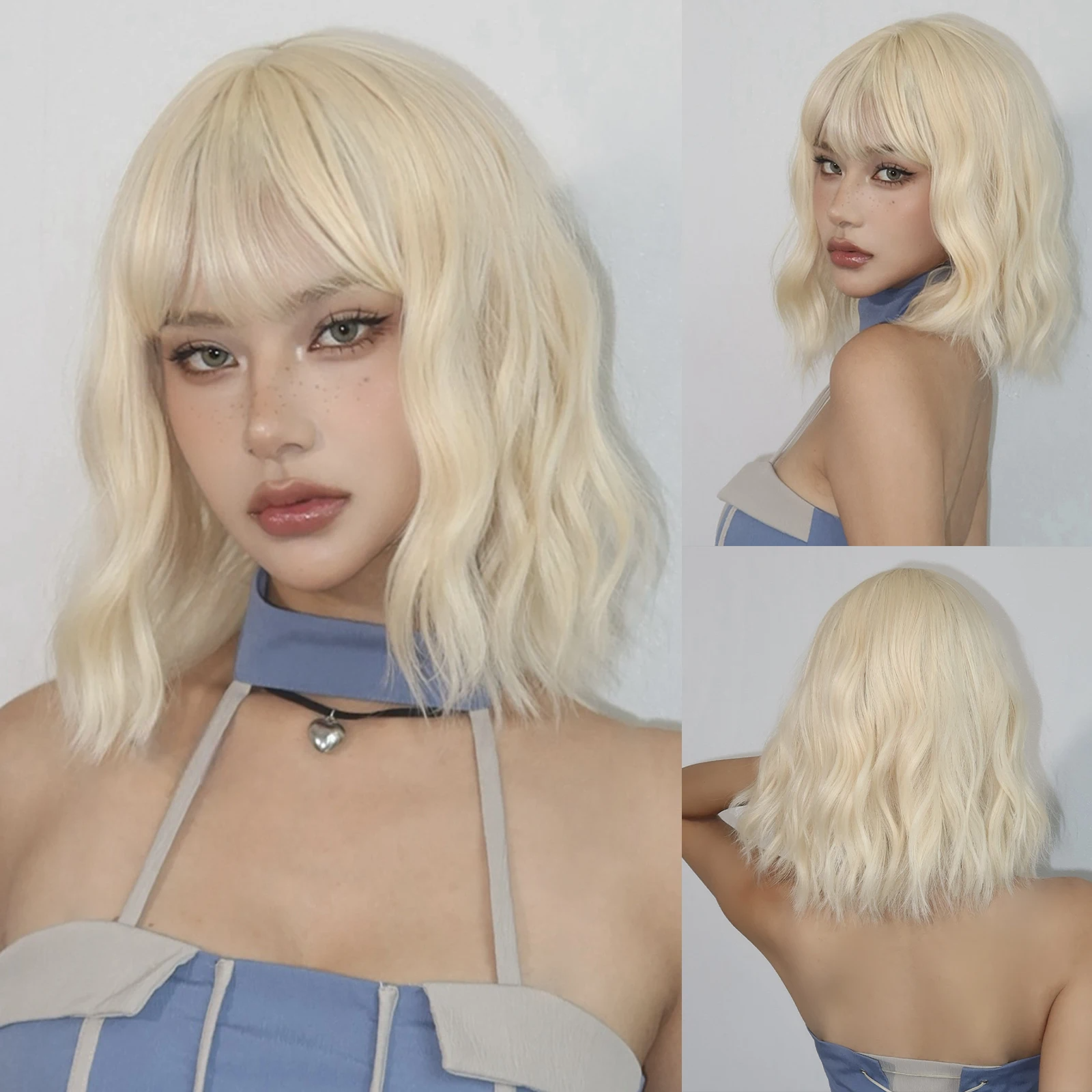 앞머리가 있는 합성 곱슬 밥 가발, 짧은 웨이브 금발 가발, 자연스러운 내열성, 데일리 파티 착용, 풀 헤드 커버