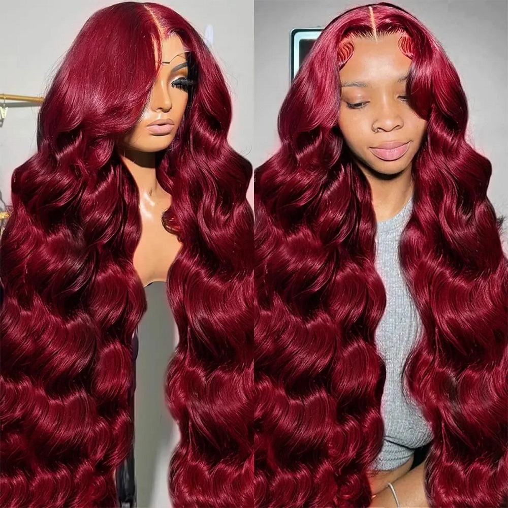 Peruka typu lace front z włosów naturalnych, kolor burgundowy, 13x4 HD Body Wave, peruka full lace frontal 13x6, kolor 99J czerwony, gęstość 200%, długość 44-46 cali, włosy Remy.