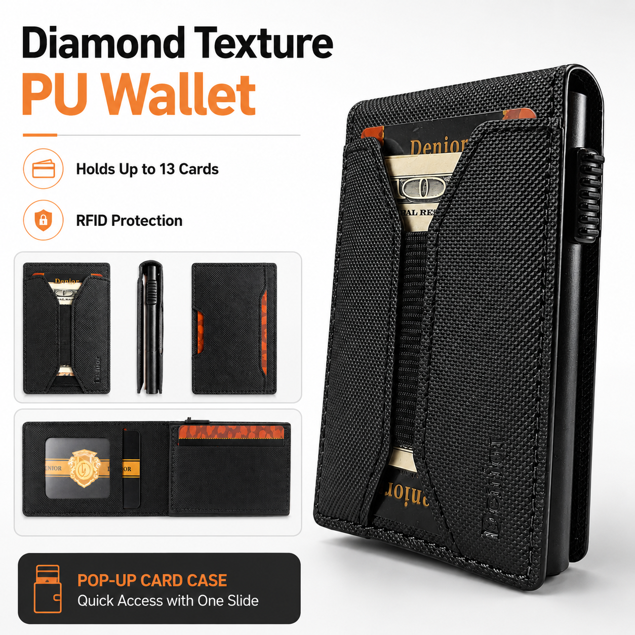 Porte-cartes en cuir PU texturé diamant pour homme, portefeuille RFID pop-up avec structure fine, accès rapide et utilisation quotidienne