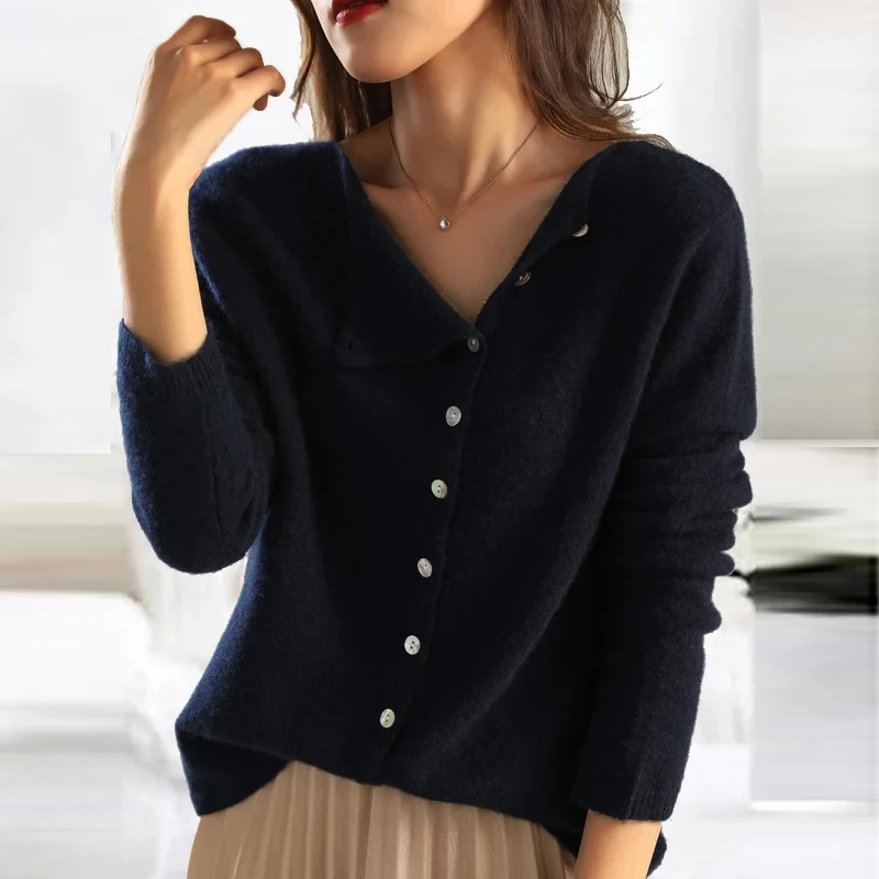 2025 outono blusas de malha vintage único breasted cashmere cardigan feminino solto em torno do pescoço fino exterior usar doce pequeno casaco