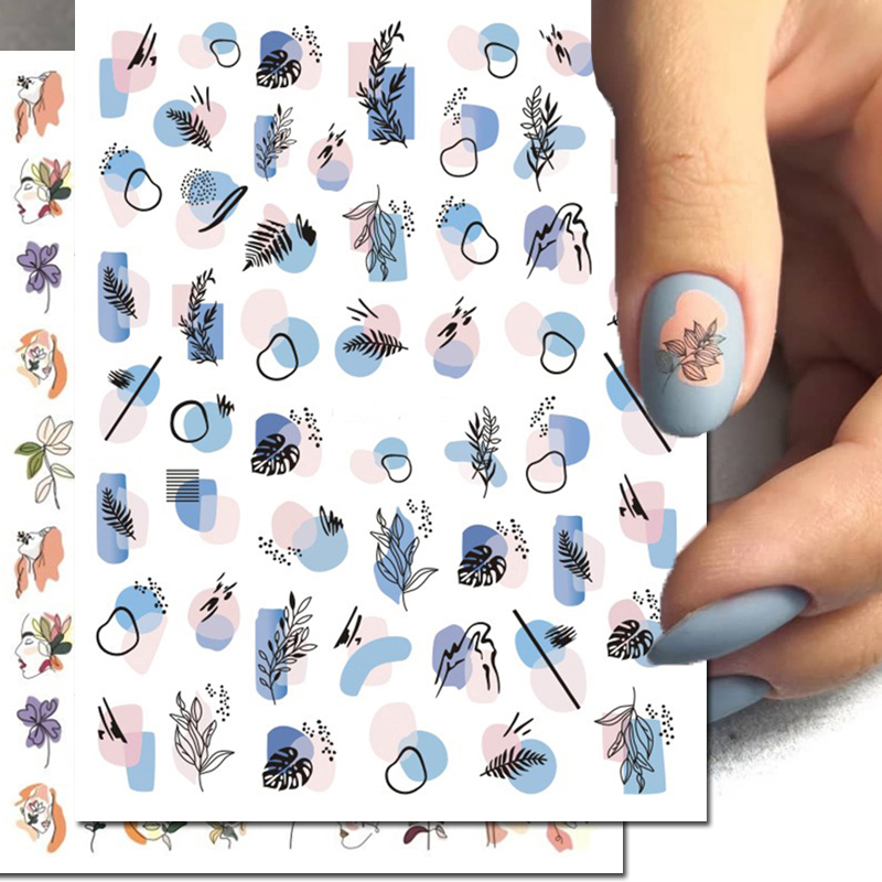 3d Nail Art décalcomanies Morandi couleur peinture géométrie ligne visages feuilles de palmier adhésif curseurs ongles autocollants pour manucure